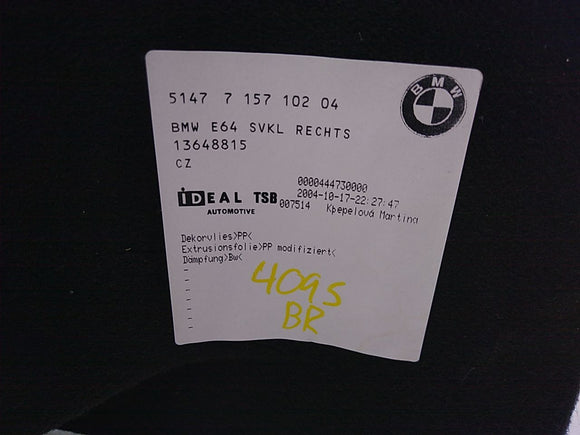 BMW 645Ci Rear Right Trunk Interior Carpet Panel