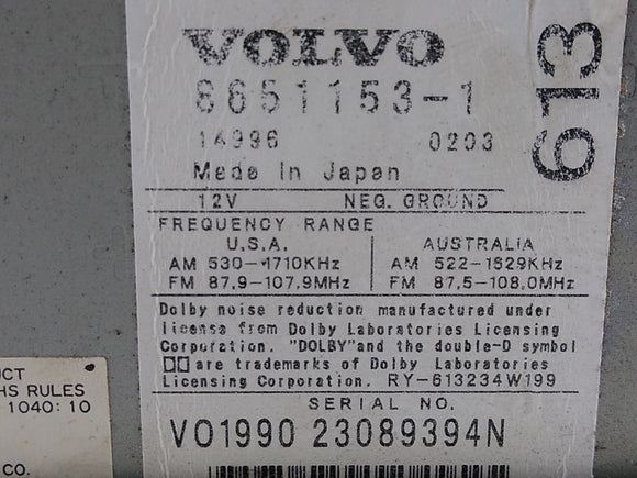 Volvo V70 **AS-IS** Radio Audio Cassette Player