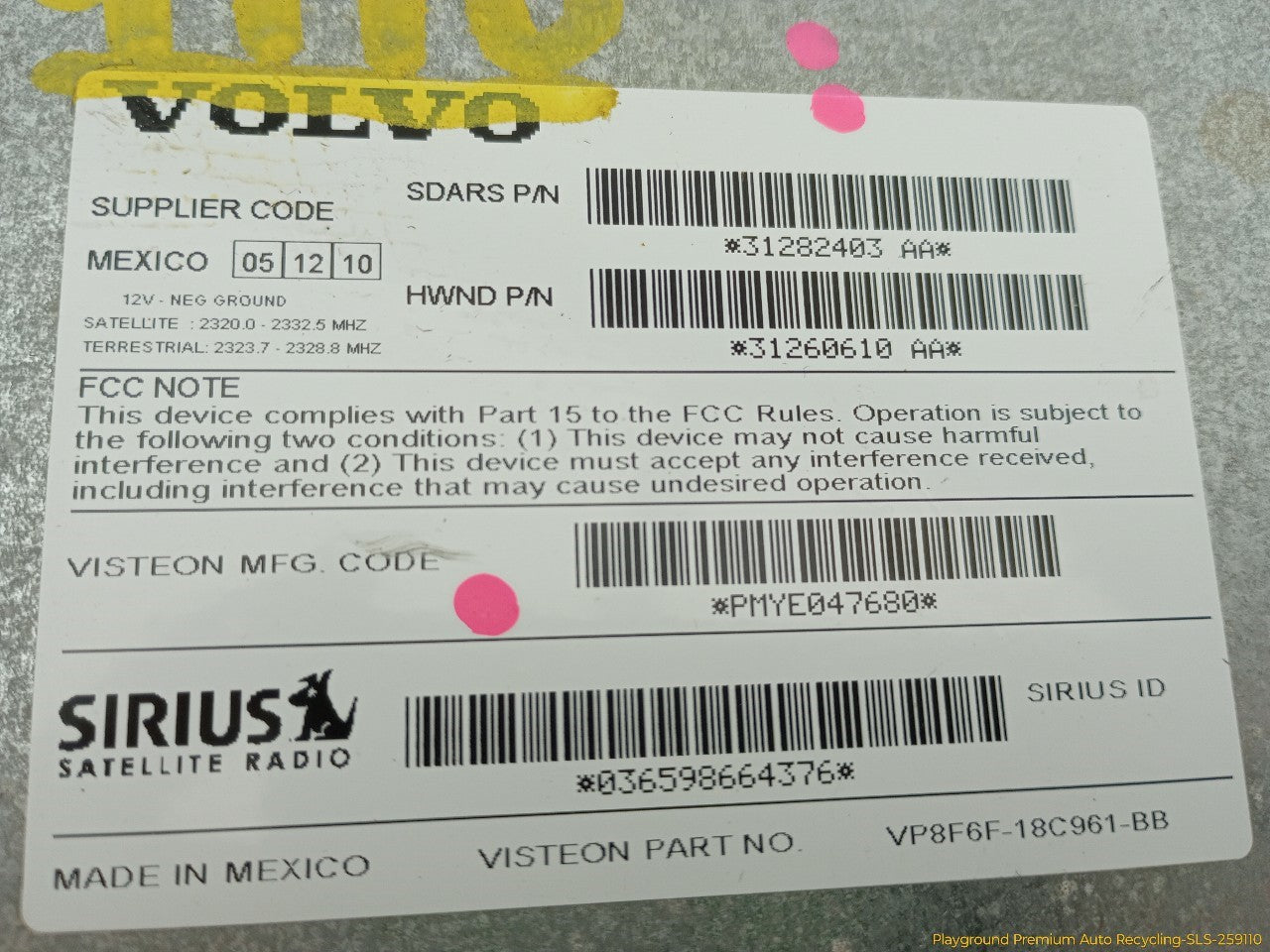 Volvo XC60 Sirius Satellite Control Module